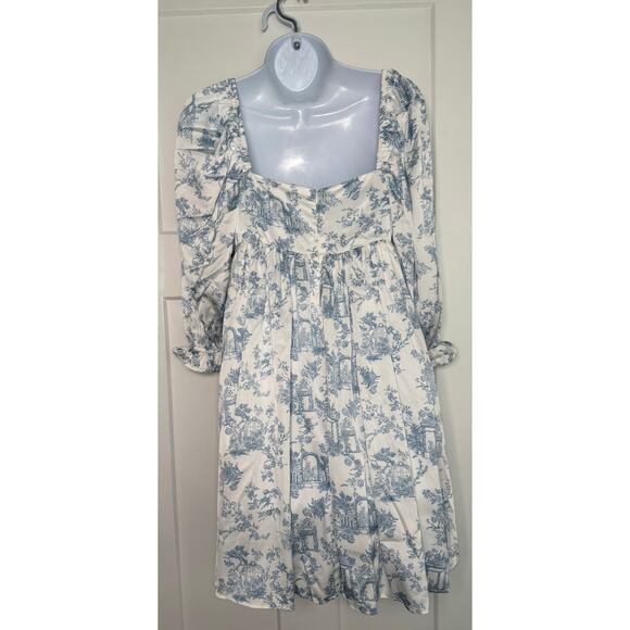 Storia Dress Baby Doll Toile Blue and White Mini Dress Size SMALL - Picture 2 of 12
